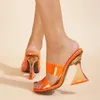 Kl￤nningsskor transparent PVC Crystal Heel Women Tisters Sandaler Simple Open Toe Hollow fluorescerande F￤rg GLIAND SOMUT SEXY SLIP Pￅ