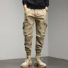 Men's Pants Khaki Cargo Drawstring Ankle Length 9 Part Trousers Streetwear Fashion Cotton Casual Work Military 220914