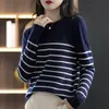 Women's Knits Tees 100% Cotton Knitted Sweater Women's Sweater Striped Color Matching Round Neck Large Size Loose Temperament Long Sleeve Bottoming 220914