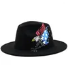 Basker qbhat handmålad grön ulltopp hatt unisex platt bred grim filt varm jazz fedora hattar vintage party trilby cap chapeau