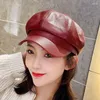 Berets PU Solid Color Octagonal Cap Hats Female Autumn Winter Leather Panama Stylish Artist Painter Sboy Caps Beret Woman Hat