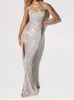 Robes Décontractées Shiny Sequin Maxi Slit Dress Halter Sans Manches Dos Nu Zip Col Bas Mariage Soirée Tendances De La Mode Femme Vêtements