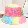 2022newTie-dye candy-colored lamb velvet fisherman hat wide-brimmed adjustable color-blocking plush basin hat female Korean version fashion casual bucket hats