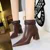 Sexy Nightclub Slim Thick Heel High Heel Pointed Knitted Belt Lapel Side Zipper Short Boots Women's Boots with box 525852