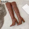 ブーツEilyken New Women Square High Heel Boots Designer Chunky Heel Shoes Long Boots Zipper over the Knee Botas Mujer 220913