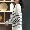 Women's Knits Tees 100% Cotton Knitted Sweater Women's Sweater Striped Color Matching Round Neck Large Size Loose Temperament Long Sleeve Bottoming 220914