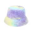 2022newTie-dye candy-colored lamb velvet fisherman hat wide-brimmed adjustable color-blocking plush basin hat female Korean version fashion casual bucket hats