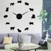 Wall Clocks Cartoon Animal Running Piggy Pattern Mirrored Large Clock Silent Removable Decorative Sticker