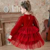 Girl's Es Modern Long Sleeve Velvet Red Performance Christmas Outfit Cloth Wedding Party Kids Dress for Girls 4 7 9 12 14 Year 0913