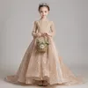 Härliga spetsflickor Pageant Dresses Flower Girl Dress Bows Children's First Communion Dress Princess Formal Tulle Ball Gown Wedding Party Dress