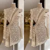 Evening Champagne Dresses Sequins Beads High Neck Long Sleeves Prom Dress Formal Party Gowns Custom Made Knee Length Robe De Mariee