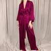 Dames slaapkleding Xikuo Solid Color Pyjama's voor vrouwen losse en comfortabele slaapkleding Satin Cardigan Lace Up Dameskapidaalsets Home Suit 220913