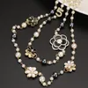 Double Layer Pearl Beaded Long Necklace Women Camellia Number Sweater Chain Necklaces for Gift Party