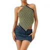 Women's Tanks Open Back Stripe Printed Tie-Up Camisoles Women Sexy Sleeveless Backless Slim-Fit Bandage Knitted Sling Crop Tops Streetwear