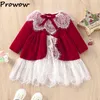 's Prowow 1-7Y Bambini Inverno Abito di Velluto Rosso Pizzo Patchwork Abiti Eleganti da Festa per Ragazza Costume di Natale 0913