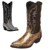 Boots Men's Leather Fashion High Heels Plus Size 38-48 Printed Pattern Middle Iron Toe Western Cowboy Couple