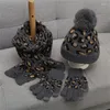 Berets Winter Fashion Leopard Jacquard Hat And Scarf Gloves Set Women Fleece Lined Pompom Beanie Snood With Matching Mittens 3pcs