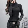 Women's Knits Tees Turtleneck Sweater Slim Female Sexy Long-Sleeved Perspective Net Yarn Splicing Knitwear Bright Pull Ladies Sweaters Pullover Top 220914