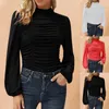 Kvinnors T -skjortor Kvinnor Fashion Top Shirt l￥ng￤rmad Turtleneck Ruched Slim Elegant Solid Color Tops Fit Plain Women