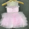 女の子のドレス本物の画像ピンクの階層膝の膝の母親の娘ガウン結婚式の子供たちのためにふくらんでいる花