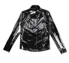 Men Shiny Metallic Catsuit Costumes PVC faux leather Long Sleeve Front-Zip Stand Collar Tops Wet Look Patent Leather Nightclub Style Shirt Top Performance