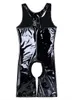 Trajes de gato preto masculino WetLhook PVC Couro falso de uma peça sem mangas zíper dianteiro boxe de boxer singlet boxer