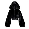 Women's Trench Coats Fashion Black Fur Coat Short Overcoat Harajuku Hooded Tops Zip Up High Waist Women Punk Streetwear Faux Parkas