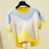 Femmes Tricots Tees Coloré Patchwork Volants À Manches Courtes Chandail Tricoté Femmes Lâche Pull Mode Tops Printemps Été 220914