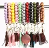 Tassel Beaded Wooden Bracelet Keychains DIY Wood Key Rings Bracelet with Fringe Keychain for Women 13 colors