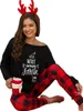 Dames tweedelige broek Dames Slaap Top Kerstpak Ronde Kraagletters Plaid Print losse elastische huiskleding