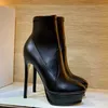 مصممة فاخرة نساء عالية الكعب أحذية قصيرة 100 ٪ Lambskin سميكة الخنزير الدائري جولة أخمص القدمين سود