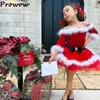 Girl's Prowow 1-7y Children Christmas Girls Es Off Plighted Red Belvet Kids Fuzzy Plush Новогоднее зимнее детское платье 0913