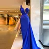 Blue Mermaid Evening Dresses Sleeveless V Neck One Shoulder Appliques Sequins Shiny Sexy Beaded Floor Length Elegant Celebrity Plus Size Party Gowns Prom Dress