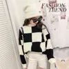 Girls Winter Spring Pullover Knitting Sweater Kids Casual Loose Tops Teens Children mode Black White Plaid kläder 0913