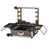 Valises de maquillage professionnelle complète, support d'artiste de manucure de beauté, valise de luxe en aluminium, rangement de roues, cosmétique avec boîte de lampe miroir