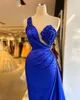 Blue Mermaid Evening Dresses Sleeveless V Neck One Shoulder Appliques Sequins Shiny Sexy Beaded Floor Length Elegant Celebrity Plus Size Party Gowns Prom Dress