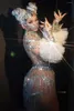Abbigliamento da palcoscenico Argento brillante Perle sexy Cristalli Catene Tute Nappe Costume Vedere attraverso La festa di compleanno Festeggia le frange del nightclub