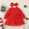 Girl's es Baby Girls Christmas Letter Embroidery Long Sleeve Tulle Puffy Dress with Hairband for Toddlers Months to Years