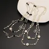 Double Layer Pearl Beaded Long Necklace Women Camellia Number Sweater Chain Necklaces for Gift Party