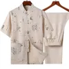 Men's Tracksuits Classic Men Embroidery Wushu Clothing Vintage Short Sleeve Taichi Uniform Summer Cotton Male Tang Suit Causal Dragon Shirt 3XL 220914
