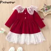 's Prowow 1-7Y Bambini Inverno Abito di Velluto Rosso Pizzo Patchwork Abiti Eleganti da Festa per Ragazza Costume di Natale 0913