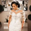 2023 Arabic Aso Ebi Luxurious Lace Beaded Crystals Wedding Dresses Sheer Neck Bridal Dresses Mermaid Wedding Gowns