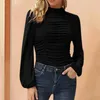 Kvinnors T -skjortor Kvinnor Fashion Top Shirt l￥ng￤rmad Turtleneck Ruched Slim Elegant Solid Color Tops Fit Plain Women