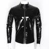 Men Shiny Metallic Catsuit Costumes PVC faux leather Long Sleeve Front-Zip Stand Collar Tops Wet Look Patent Leather Nightclub Style Shirt Top Performance