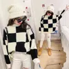 Girls Winter Spring Pullover Knitting Sweater Kids Casual Loose Tops Teens Children mode Black White Plaid kläder 0913