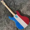 Anpassad Mosrite Electric Guitar Johnny Ramone Venture Red White Blue Color with Bigs Tremolo Bridge Dark Aqua White PickGuard Black P-90 Pickups