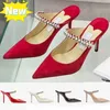 Zapatos de vestir para mujeres de lujo Bing Jimmy London Cho High Heels Dise￱ador Correa de cristal Pombas de cristal Lady Sandalias de tac￳n de gamuza con caja Sandalia de boda de damas cl￡sicas