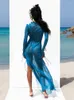 女性の水着サマービーチドレス女性エレガント包帯フリルスリムマキシ 2022 セクシーなブルー長袖イブニングパーティークラブ衣装