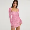 Casual Dresses Sexy Slim Body Hang Neck Long Sleeve Flower Dress Female