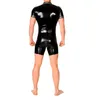 Moda masculina fantasia de macac￣o de gato pvc Couro falso preto collant de manga curta Clube Clube Clube Festas Bodysuit de 3 vias do z￭per da frente para o quadril